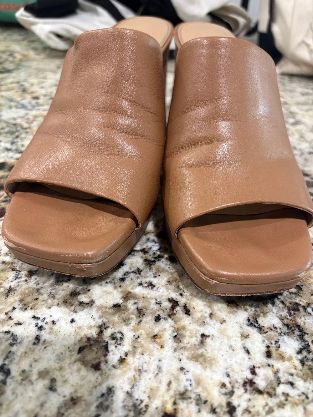 ANTONIO MELANI Tan Open-Toe Slide Wedge Mules